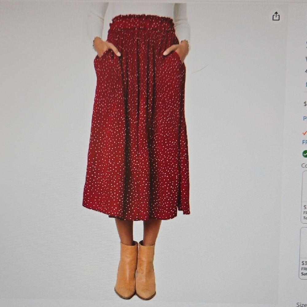 Red Polka Dot High Waist Pleated Maxi Skirt w Pockets